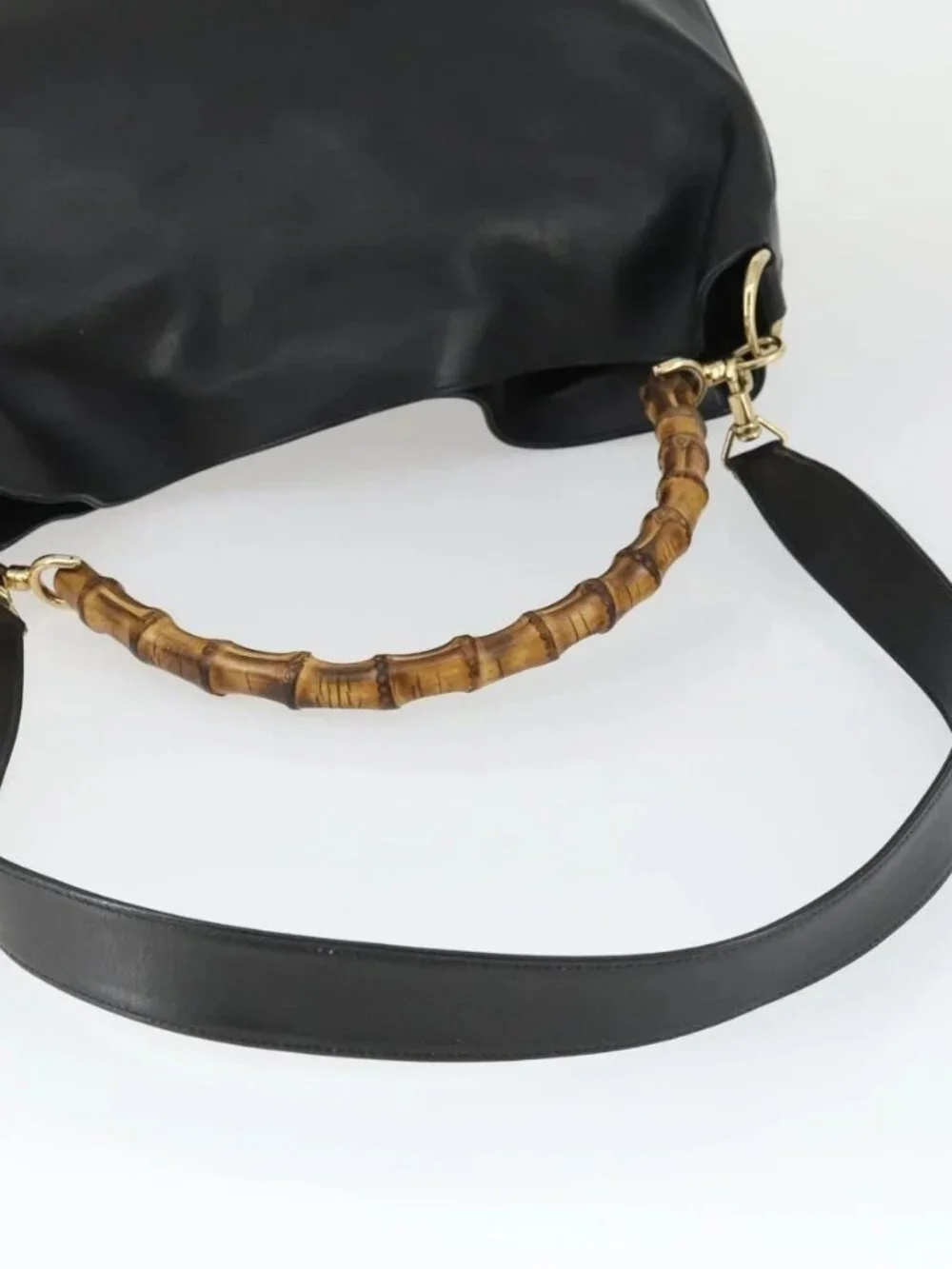 GUCCI Bamboo Shoulder Bag Leather 2way Black Gold 001 1577 Auth 166021